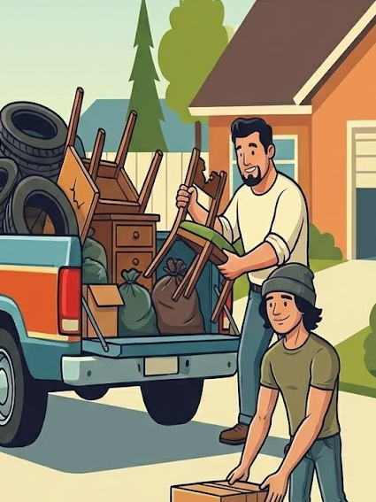Drawing of a man with his son loading up various furniture pieces in the back of a. truck in front of a house.