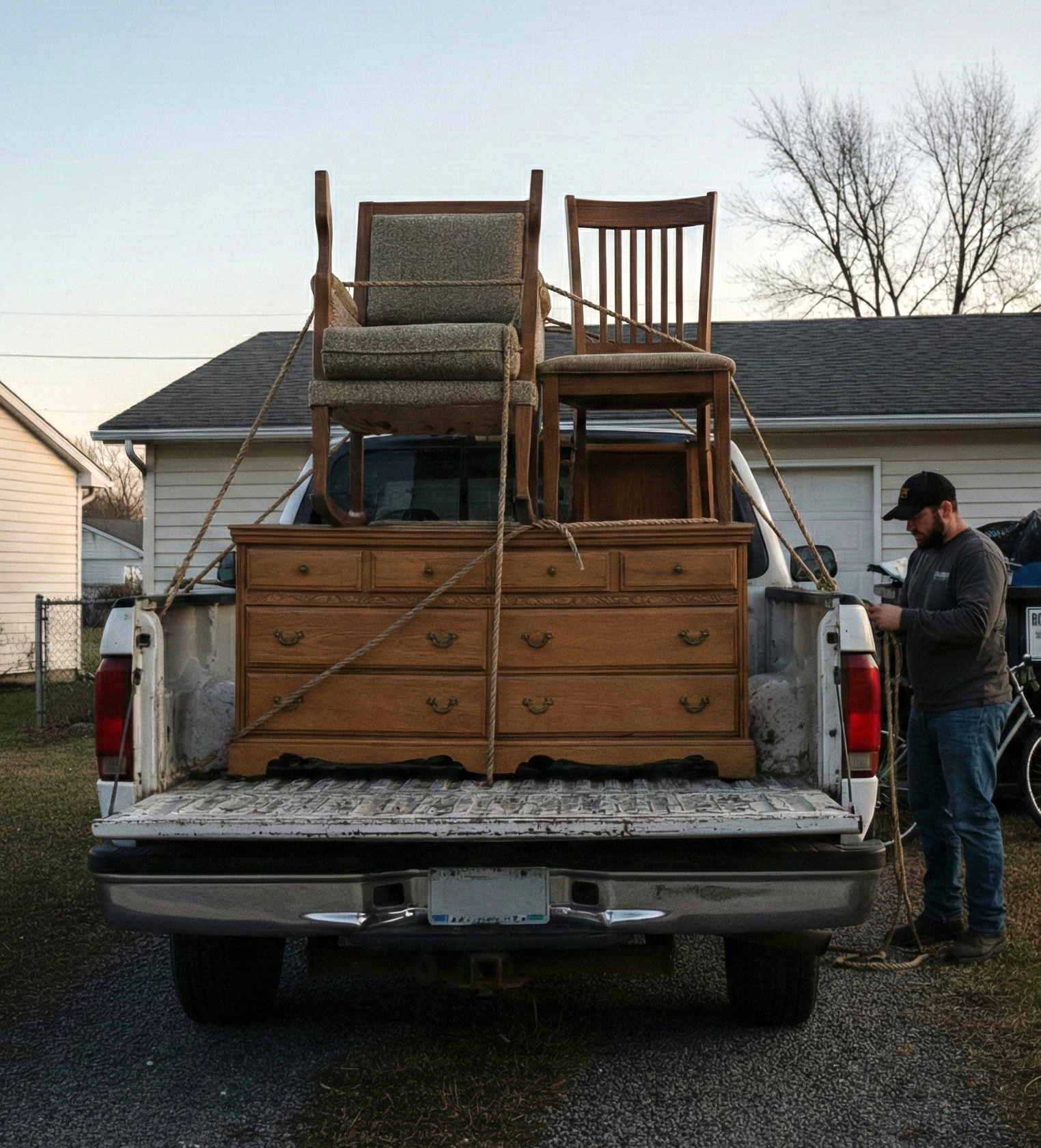 A man loading up furniture pieces, such as chairs, and a dresser in the back of his truck. At the bottom of the image, there's a heading that states, "loaded everything fast, leave your space clean".