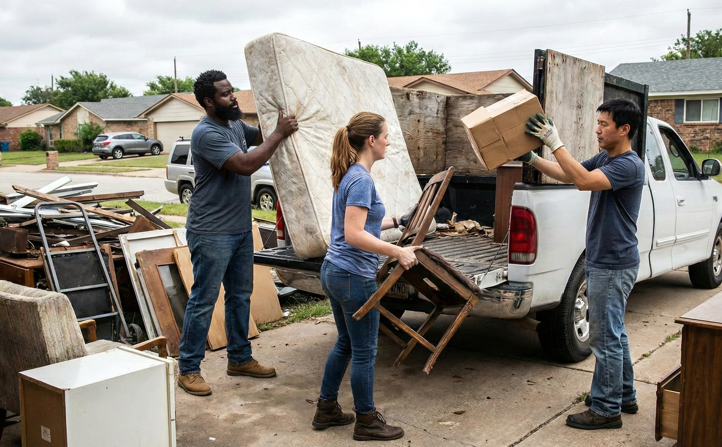 A real life image of three people loading up various old furniture pieces in the back of a white truck. On the bottom, right corner of the image there is a heading stating that "we make junk removal simple".