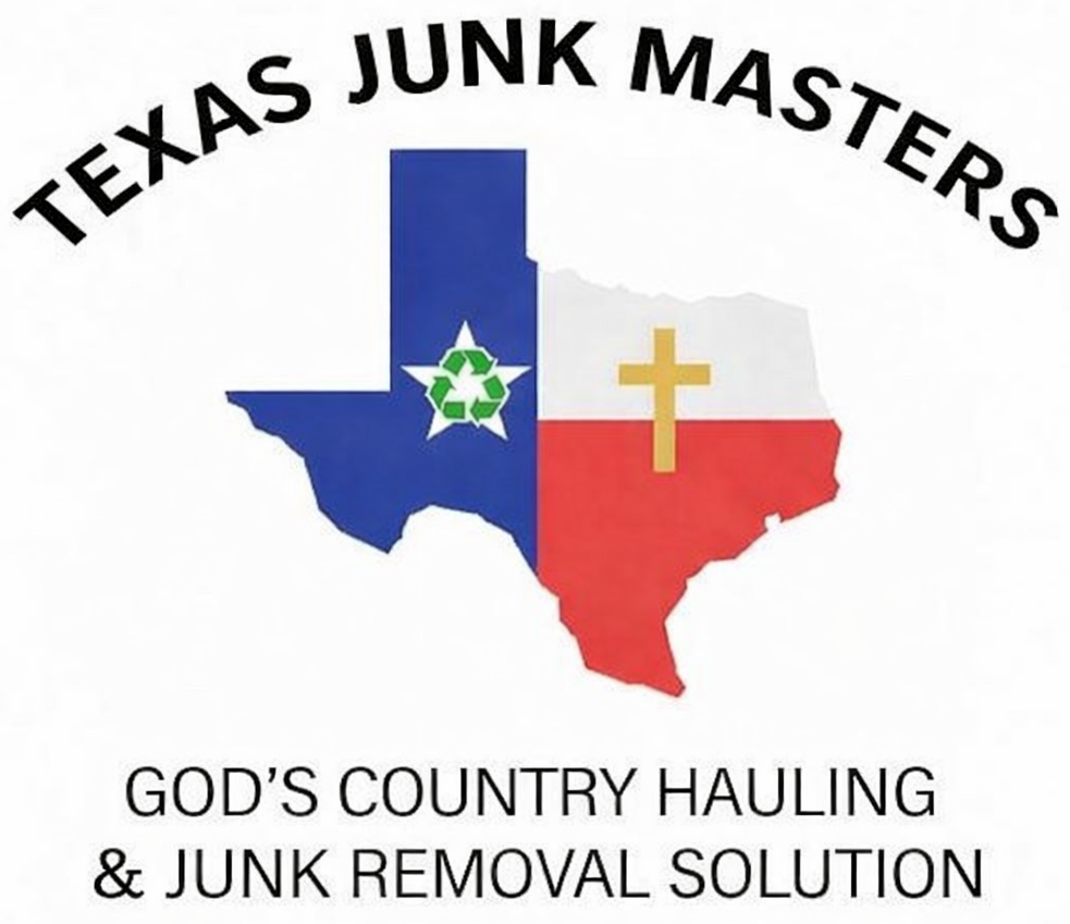 Logo of txjunkmasters.com that reads Texas junk masters on top of the logo. The middle portion of the logo contains the Texas state symbol that has a colored theme of the Texas flag. Within the symbol, there is a recycle symbol on the left side within the star. on the right side, is a gold Christianity crucifix. A sub heading at the bottom, says God's country hauling and junk removal solution.